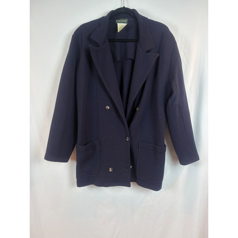 Harve Benard Vintage Navy Blue 100% Wool Knit Double Breasted‎ Blazer Medium